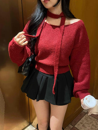 Off-shoulder Choker Set Lip Neck Crop Knit