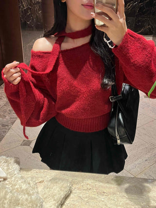 Off-shoulder Choker Set Lip Neck Crop Knit