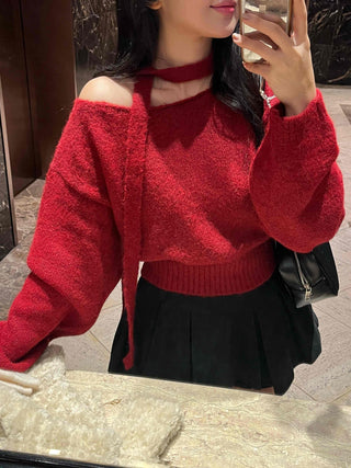 Off-shoulder Choker Set Lip Neck Crop Knit