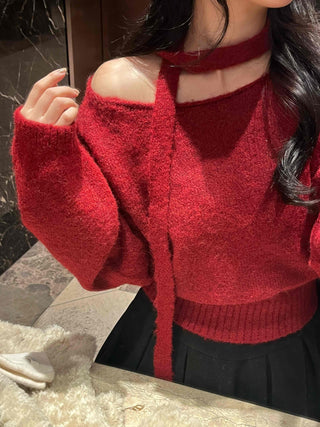 Off-shoulder Choker Set Lip Neck Crop Knit