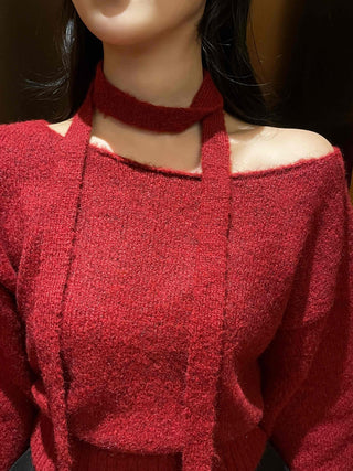 Off-shoulder Choker Set Lip Neck Crop Knit