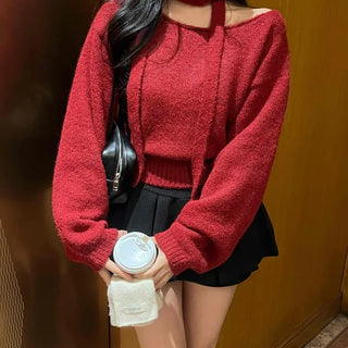Off-shoulder Choker Set Lip Neck Crop Knit