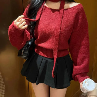 Off-shoulder Choker Set Lip Neck Crop Knit