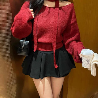 Off-shoulder Choker Set Lip Neck Crop Knit