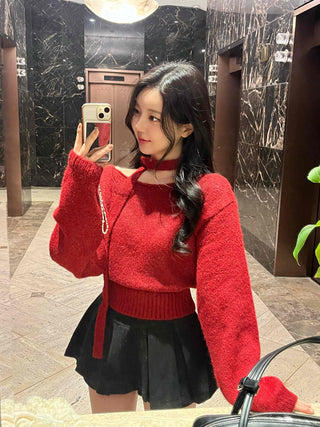 Off-shoulder Choker Set Lip Neck Crop Knit