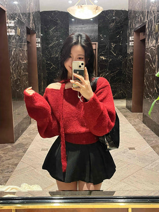 Off-shoulder Choker Set Lip Neck Crop Knit