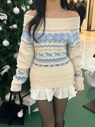 Winter Nordic Jacquard Off-Shoulder Oversized Knit