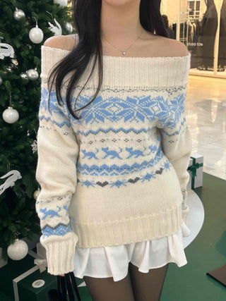 Winter Nordic Jacquard Off-Shoulder Oversized Knit