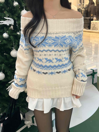 Winter Nordic Jacquard Off-Shoulder Oversized Knit