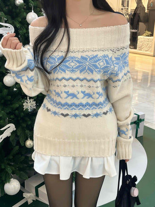 Winter Nordic Jacquard Off-Shoulder Oversized Knit
