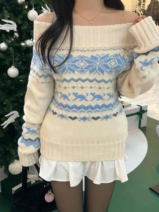 Winter Nordic Jacquard Off-Shoulder Oversized Knit