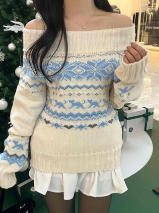 Winter Nordic Jacquard Off-Shoulder Oversized Knit