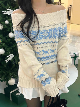 Winter Nordic Jacquard Off-Shoulder Oversized Knit