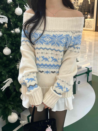 Winter Nordic Jacquard Off-Shoulder Oversized Knit