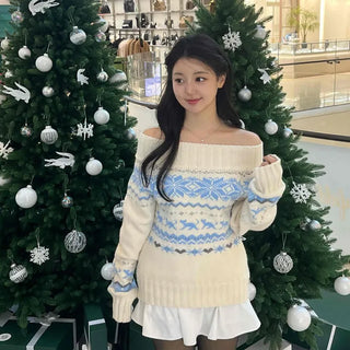 Winter Nordic Jacquard Off-Shoulder Oversized Knit