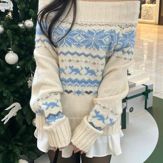 Winter Nordic Jacquard Off-Shoulder Oversized Knit