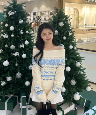 Winter Nordic Jacquard Off-Shoulder Oversized Knit