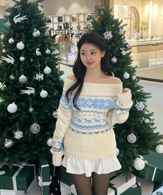Winter Nordic Jacquard Off-Shoulder Oversized Knit