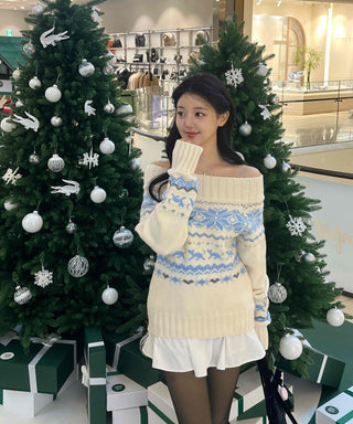 Winter Nordic Jacquard Off-Shoulder Oversized Knit