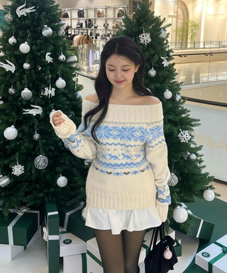 Winter Nordic Jacquard Off-Shoulder Oversized Knit