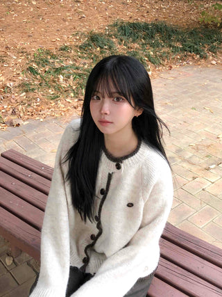 Soft Hairy Color Block Button Loose Cardigan
