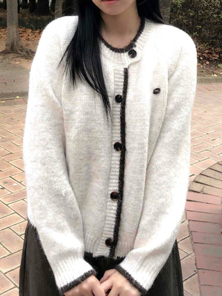 Soft Hairy Color Block Button Loose Cardigan
