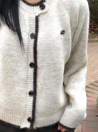 Soft Hairy Color Block Button Loose Cardigan
