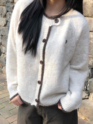 Soft Hairy Color Block Button Loose Cardigan