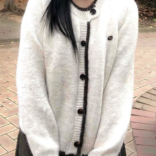 Soft Hairy Color Block Button Loose Cardigan