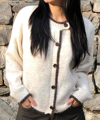 Soft Hairy Color Block Button Loose Cardigan