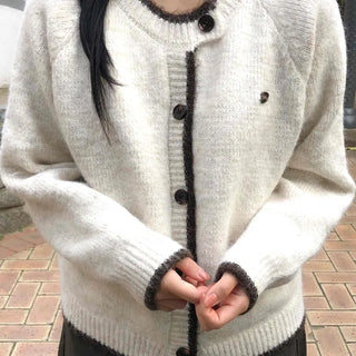Soft Hairy Color Block Button Loose Cardigan