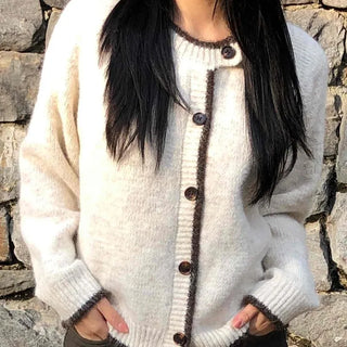 Soft Hairy Color Block Button Loose Cardigan