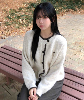 Soft Hairy Color Block Button Loose Cardigan