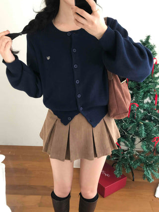 Puff Sleeve Cropped School Look V-Neck Ribbed Silver Logo Knit Cardigan for Transitional Season and Midwinter