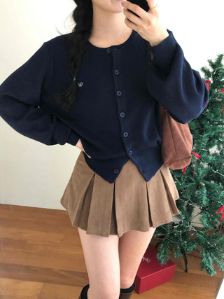 Puff Sleeve Cropped School Look V-Neck Ribbed Silver Logo Knit Cardigan for Transitional Season and Midwinter