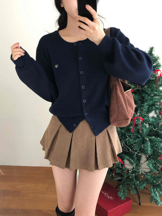 Puff Sleeve Cropped School Look V-Neck Ribbed Silver Logo Knit Cardigan for Transitional Season and Midwinter
