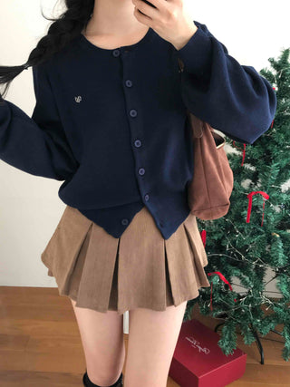 Puff Sleeve Cropped School Look V-Neck Ribbed Silver Logo Knit Cardigan for Transitional Season and Midwinter