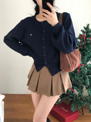 Puff Sleeve Cropped School Look V-Neck Ribbed Silver Logo Knit Cardigan for Transitional Season and Midwinter