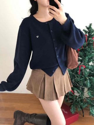 Puff Sleeve Cropped School Look V-Neck Ribbed Silver Logo Knit Cardigan for Transitional Season and Midwinter