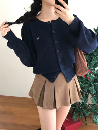 Puff Sleeve Cropped School Look V-Neck Ribbed Silver Logo Knit Cardigan for Transitional Season and Midwinter