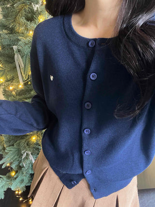 Puff Sleeve Cropped School Look V-Neck Ribbed Silver Logo Knit Cardigan for Transitional Season and Midwinter