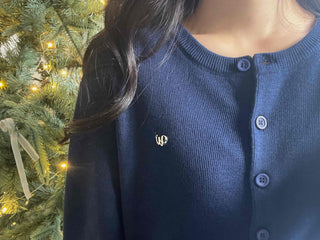 Puff Sleeve Cropped School Look V-Neck Ribbed Silver Logo Knit Cardigan for Transitional Season and Midwinter