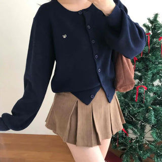 Puff Sleeve Cropped School Look V-Neck Ribbed Silver Logo Knit Cardigan for Transitional Season and Midwinter