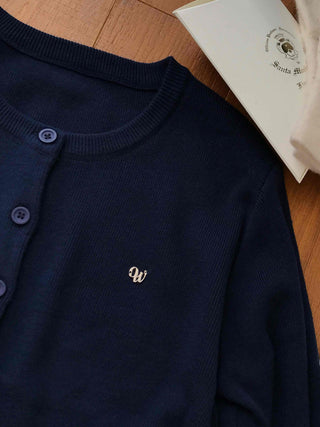 Puff Sleeve Cropped School Look V-Neck Ribbed Silver Logo Knit Cardigan for Transitional Season and Midwinter