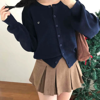 Puff Sleeve Cropped School Look V-Neck Ribbed Silver Logo Knit Cardigan for Transitional Season and Midwinter