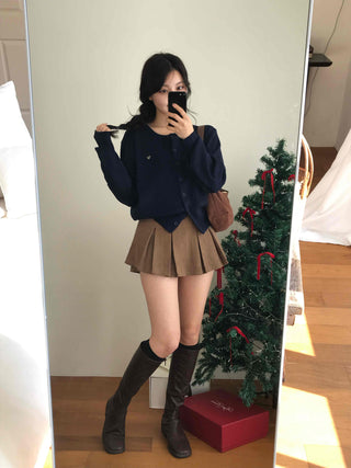 Puff Sleeve Cropped School Look V-Neck Ribbed Silver Logo Knit Cardigan for Transitional Season and Midwinter