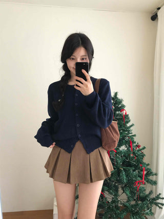 Puff Sleeve Cropped School Look V-Neck Ribbed Silver Logo Knit Cardigan for Transitional Season and Midwinter