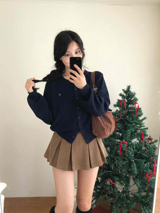 Puff Sleeve Cropped School Look V-Neck Ribbed Silver Logo Knit Cardigan for Transitional Season and Midwinter