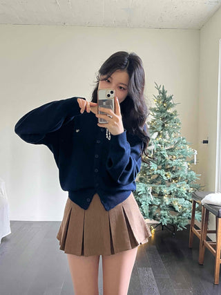 Puff Sleeve Cropped School Look V-Neck Ribbed Silver Logo Knit Cardigan for Transitional Season and Midwinter