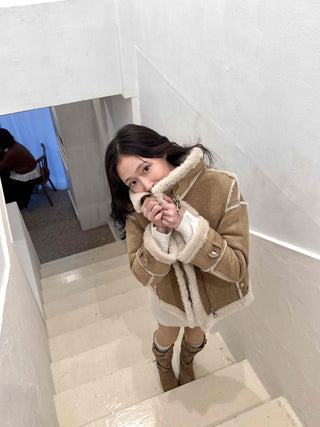 Big Collar Shearling Contrast Shearling Rider Jacket